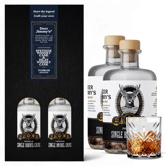 Deer Jimmy's® Make Your Own Whiskey - Gift Set met whiskey tumbler glas - Schotse Whisky Speyside & Islay Cask - Rijp je eigen drank met houtsnippers van een gebruikt whisky vat
