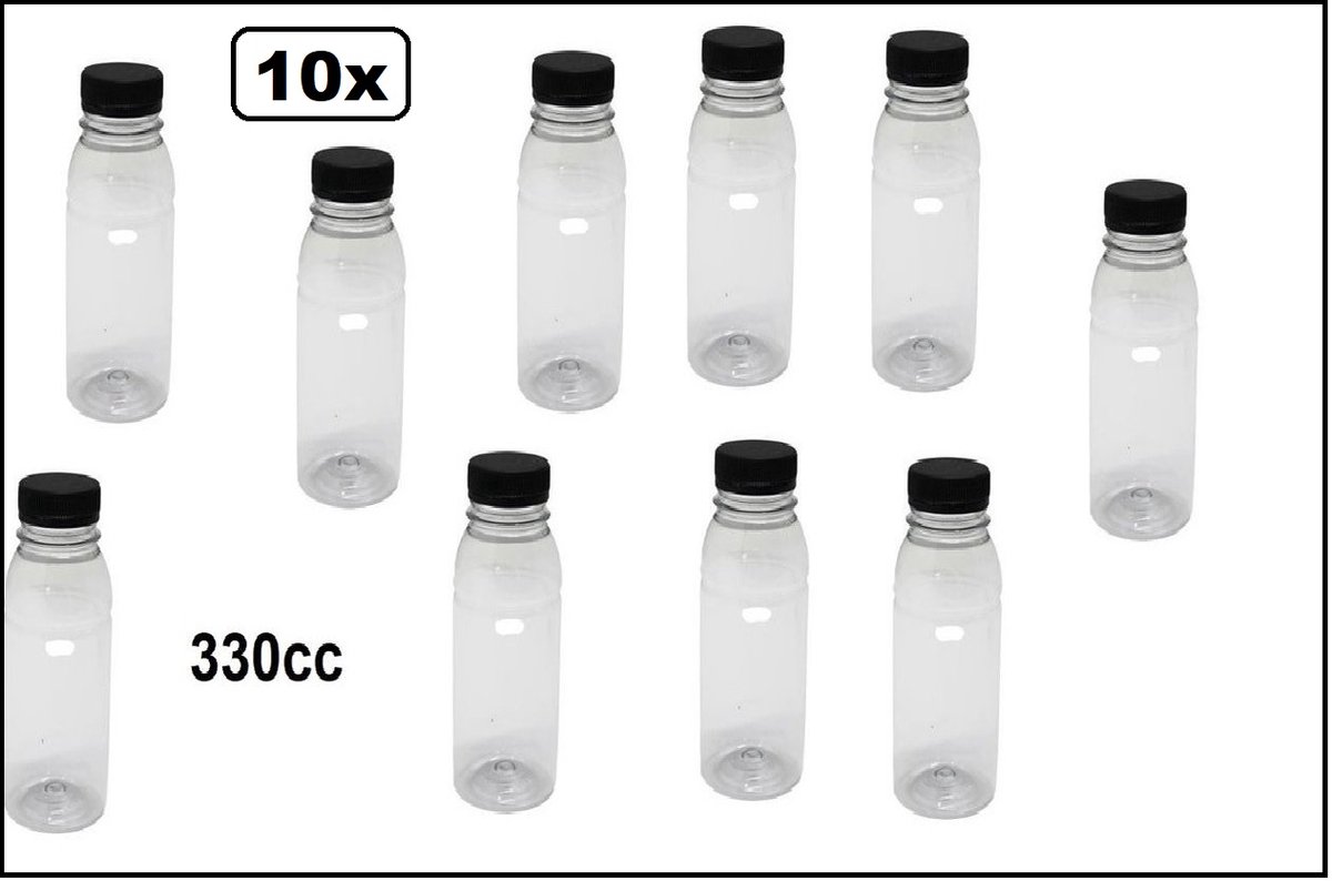 10x Herbruikbaar Flesje helder 330cc met zwarte/oranje dop - 10x zwarte dop + 10x Oranje dop - Herbruikbaar - Navulbaar - drink fles vruchten sap limonade drank water hervulbaar