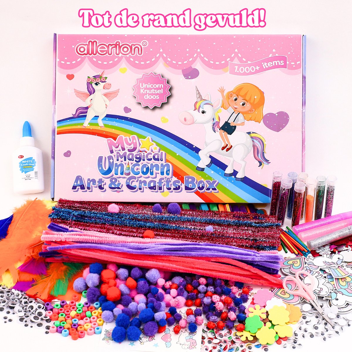 Allerion Glitter Knutseldoos Unicorn - 1043-delig Knutselpakket voor Kinderen - Creatief Speelgoed Meisjes & Jongens - Unicorn Cadeau - Met Lijm, Schaar, Stickers & Foam Vormpjes — afbeelding 3