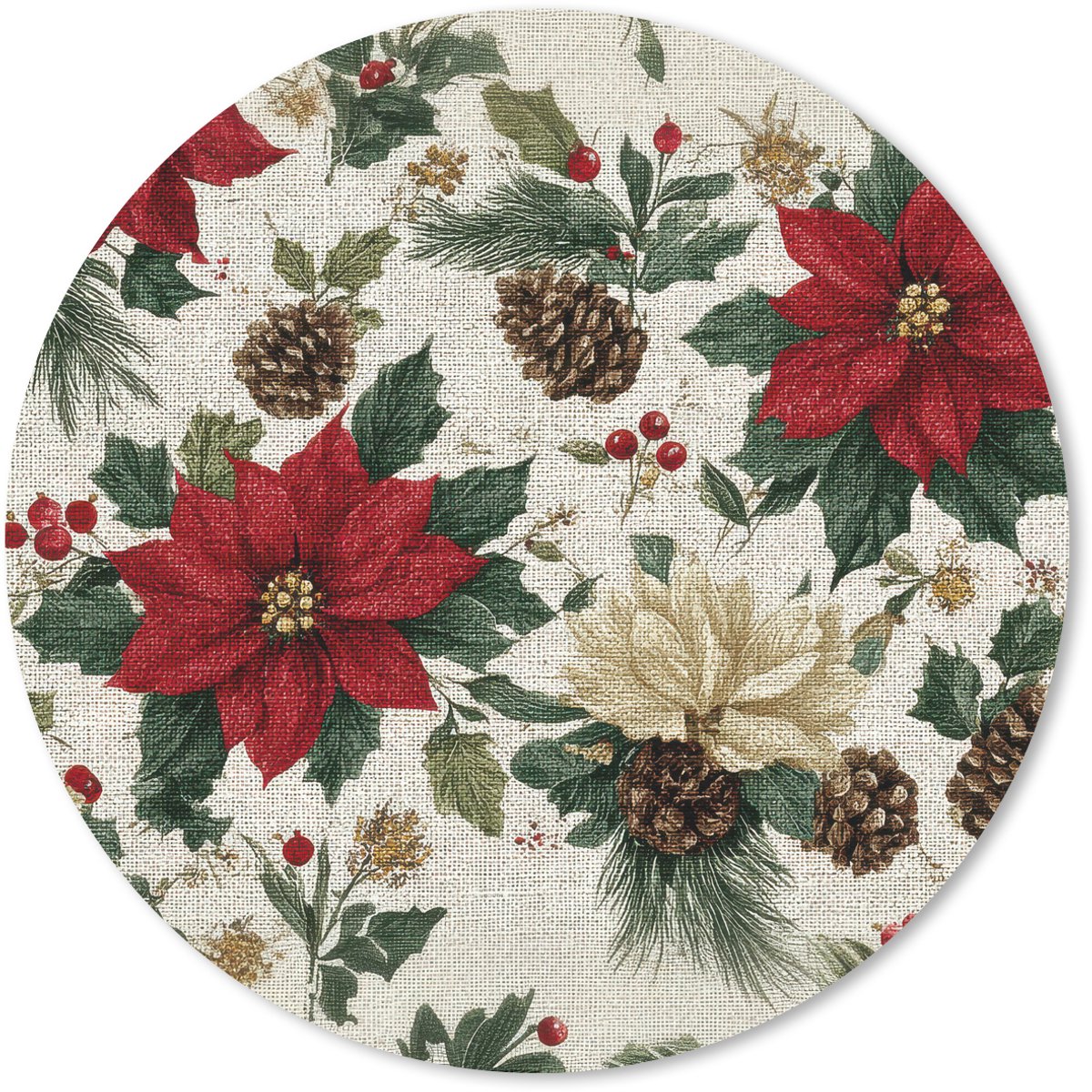 Muismat rond 50x50 cm - Mousepad Feestelijk - Textielpatroon - Kerstbloemen - Kleurrijk - Ronde muismatten
