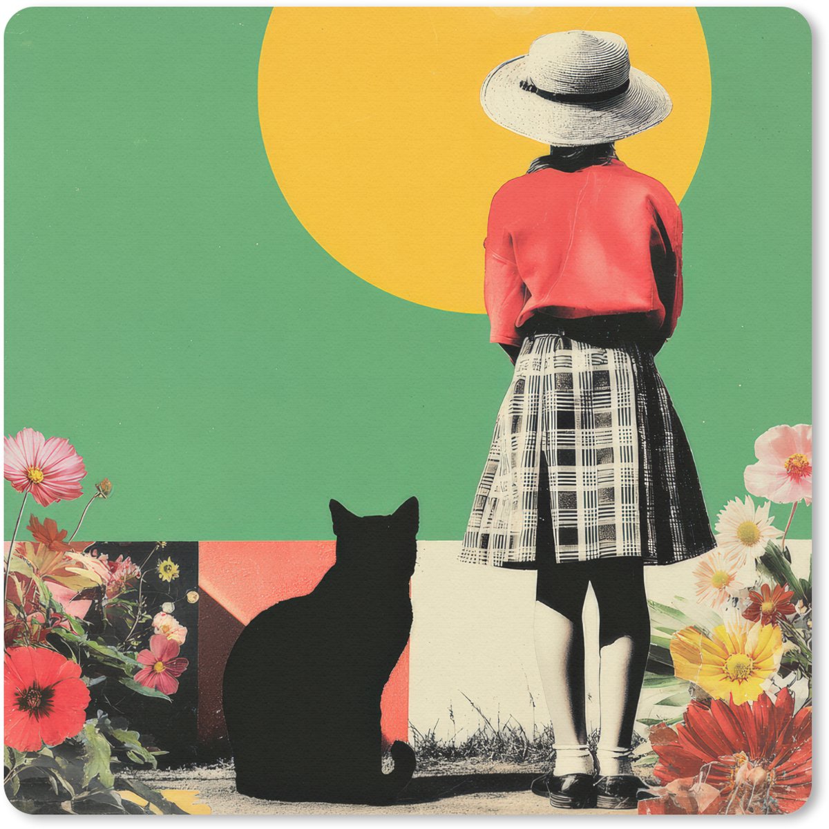 Muismat 30x30 cm - Mousepad Retro - Meisje - Kat - Zon - Muismatten