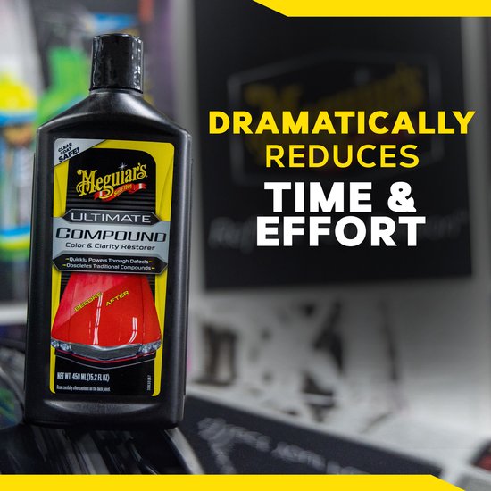 Meguiar's Ultimate Compound fles, met tekst 'Dramatically reduces time & effort'.