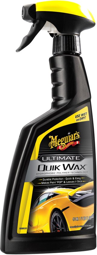 Zwarte sprayfles van Meguiar's Ultimate Quik Wax met gele accenten en een afbeelding van een gele sportauto.