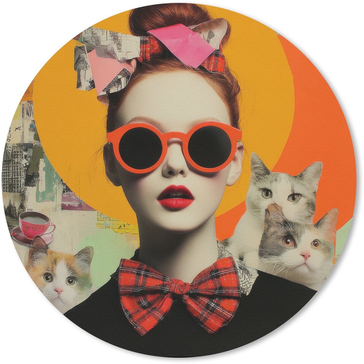 Muismat rond 50x50 cm - Mousepad Vrouw - Bril - Strik - Retro - Ronde muismatten