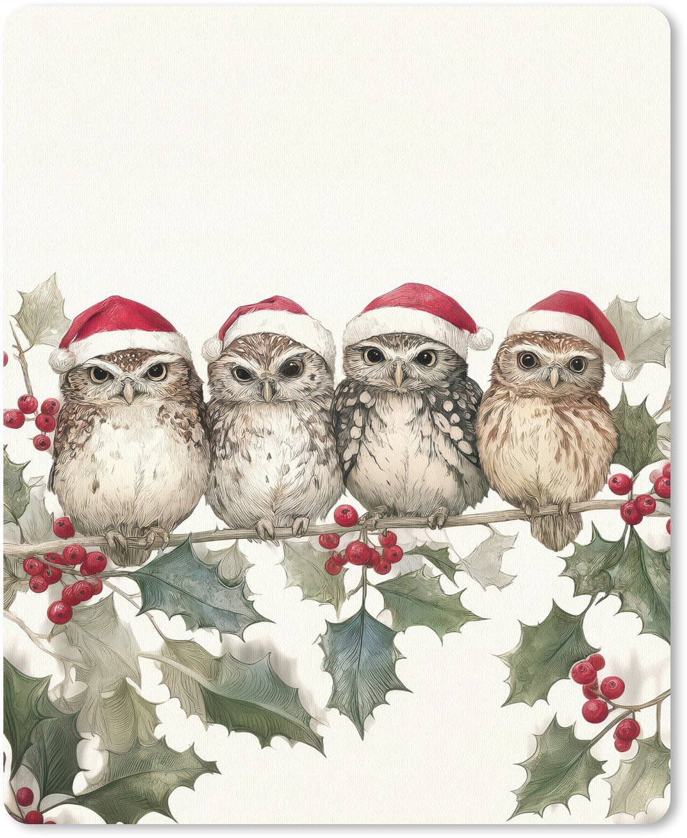 Muismat 19x23 cm - Mousepad Uilen - Tak - Hulstblaadjes - Kerstmuts - Muismatten