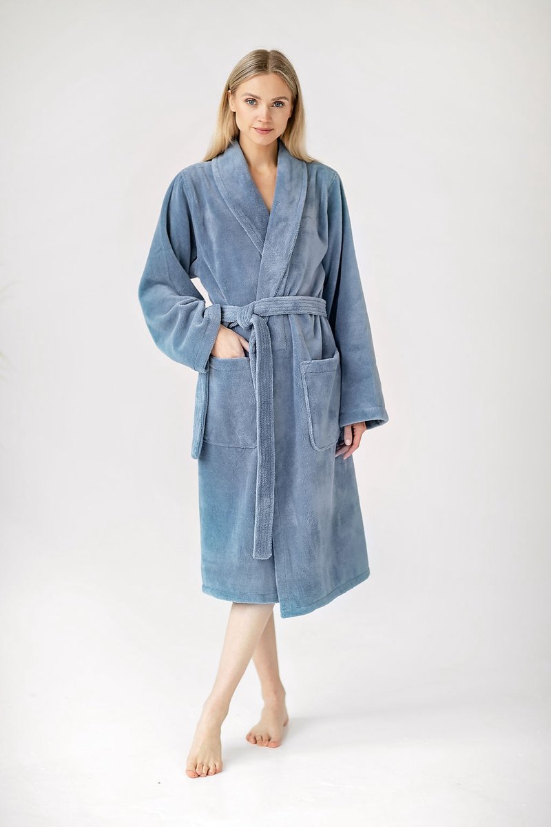 Casilin - Badjas Teddy voor Dames en Heren - Maat S - Voor Volwassen - Met riem - Badstof, Fleece, Katoen - Absorberend - Wasmachinebestendig - Jeans, Blauw