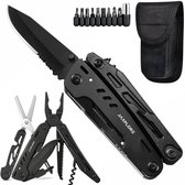 Couteau de poche Jaxplore 21 en 1 - Outil multifonction avec étui - Acier inoxydable - Jeu de 10 embouts - Couteau de chasse - Multifonctionnel - Survie - Zwart