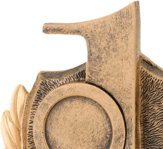Gouden trofee met '1' erop, omringd door lauwerkrans en schild. Met plek voor inscriptie.