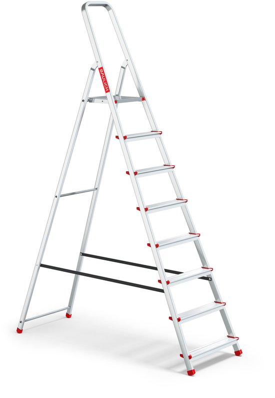 Een aluminium huishoudladder met 8 treden en rode details, tegen een witte achtergrond.