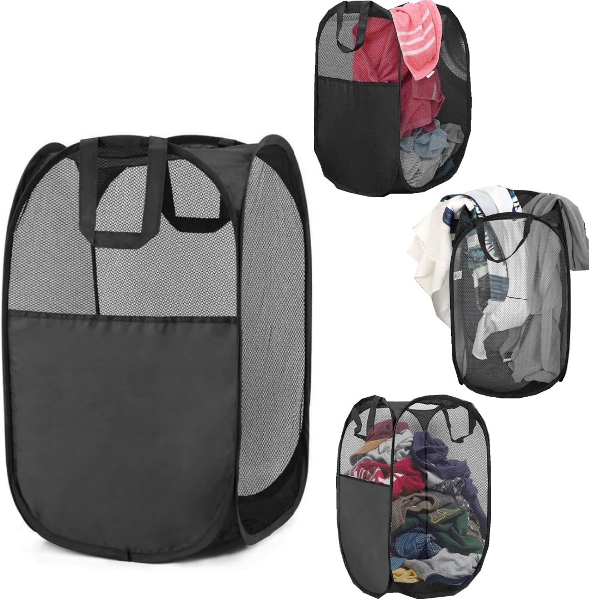 Wasmand - waszakken - wasmand voor vuile was - opvouwbare opbergmand - mesh opbergmand - pop up wasmand - met handvat - geschikt voor het opbergen van kleding, handdoeken, basketballen en speelgoed (36*58cm - zwart)