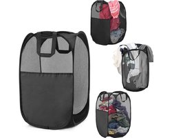 Wasmand - waszakken - wasmand voor vuile was - opvouwbare opbergmand - mesh opbergmand - pop up wasmand - met handvat - geschikt voor het opbergen van kleding, handdoeken, basketballen en speelgoed (36*58cm - zwart)