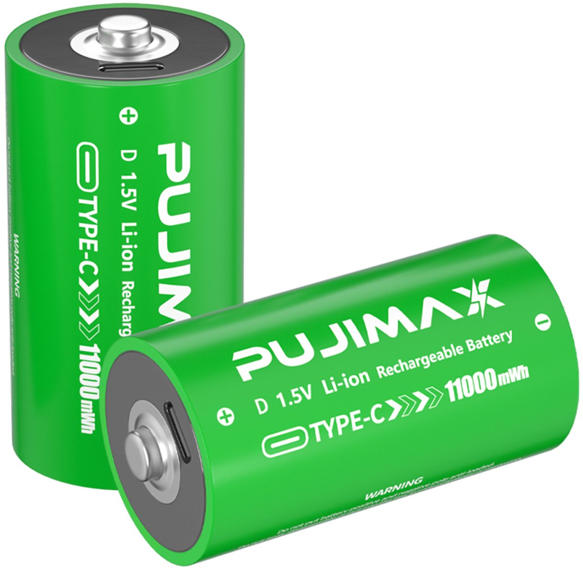 PUJIMAX Oplaadbare Li-ion D Batterij - Top Capaciteit 10000mWh 1.5V - met USB Type-C Oplaadkabel en Opbergdoos