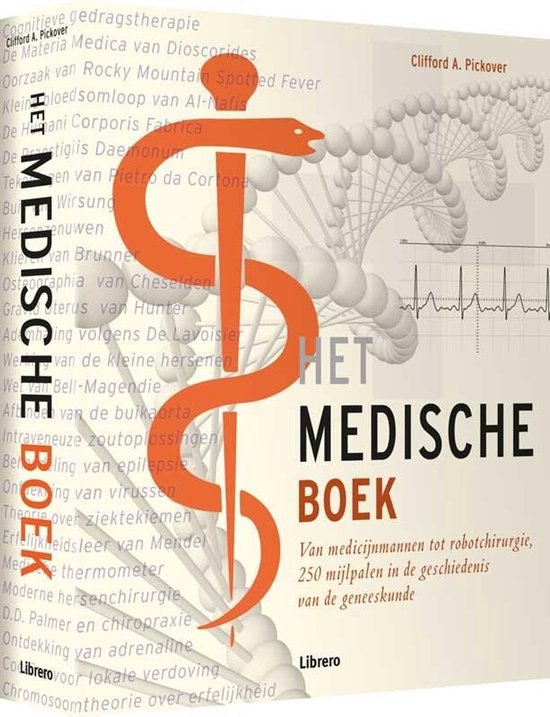 Boekomslag met de titel 'Het Medische Boek' in grote letters. Een oranje gestileerde caduceus staat centraal. Op de achtergrond een DNA-helix en een ECG-lijn.