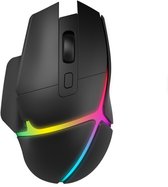 Zwarte gaming muis met veelkleurige RGB-verlichting langs de randen, van bovenaf gezien.