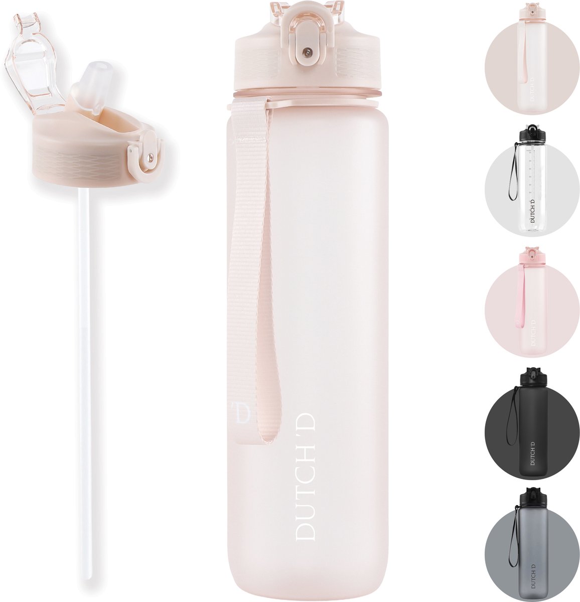 Dutch'D ® 1 liter Drinkfles - Drinkfles met rietje - Waterfles - Beige - Drinkfles Volwassenen - Lek Vrij - Cadeau voor haar - Verschillende Drinkflessen en waterflessen - Drinkbeker - Sportfles - Drinkbus