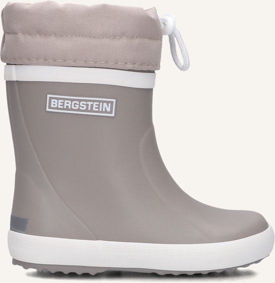 Beige Bergstein regenlaars met witte zool en gesmokte schacht met trekkoord.