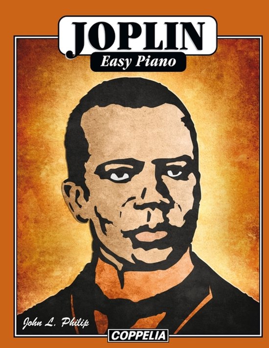 Boekomslag 'JOPLIN Easy Piano' met illustratie van Scott Joplin's portret in oranje en bruine tinten.