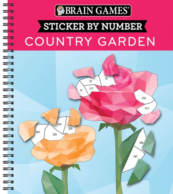 Sticker by Number : Country Garden. Fleurs géométriques roses et orange avec des sections numérotées pour placer des autocollants. Comprend le texte "BRAIN GAMES STICKER BY NUMBER COUNTRY GARDEN".