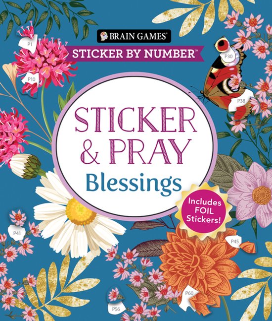 Boek 'Sticker & Pray: Blessings' met bloemen en vlinder, 'Sticker by Number', 'Includes FOIL Stickers!'