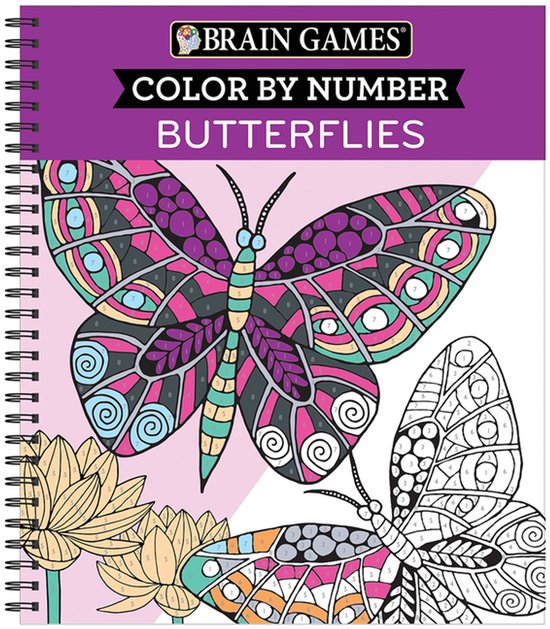 Kleurboek 'Butterflies' van Brain Games met grote vlinder in paars, groen, roze en zwart, deels ingekleurd.