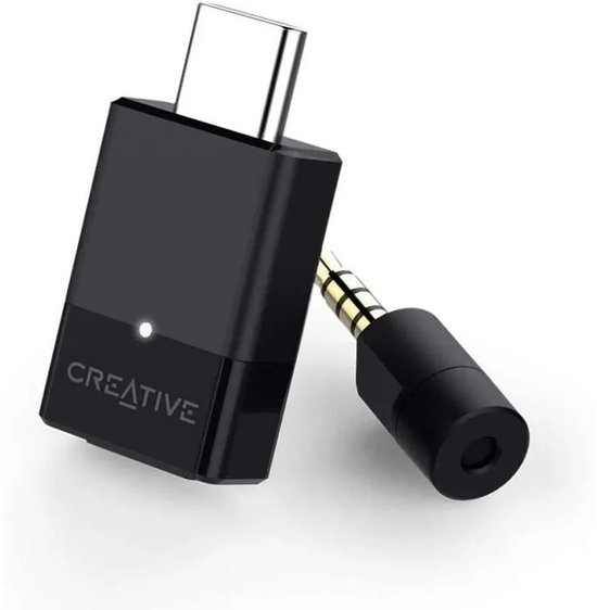 Zwarte Creative Bluetooth 5.0 zender met USB-C connector, met losse microfoon met 3,5mm jack.