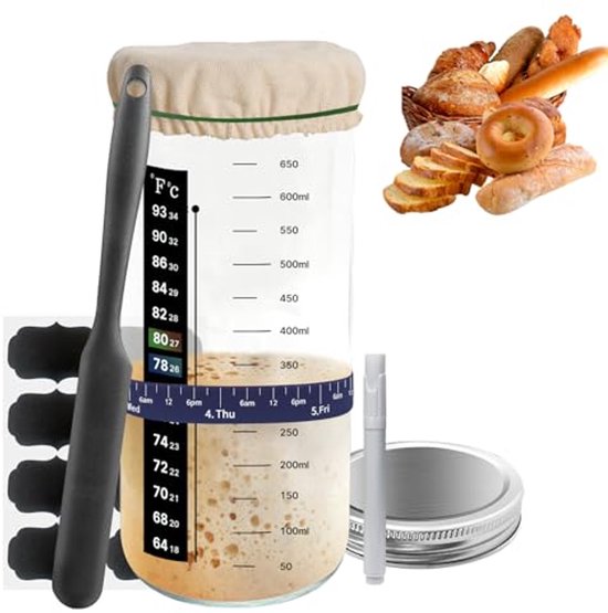 Zuurdesem Starter Jar, Zuurdesem Starter Kit Met Datum Gemarkeerde Voedingsband Thermometer Doek Cover Deksel Zuurdesem Brood Home Baking Supplies