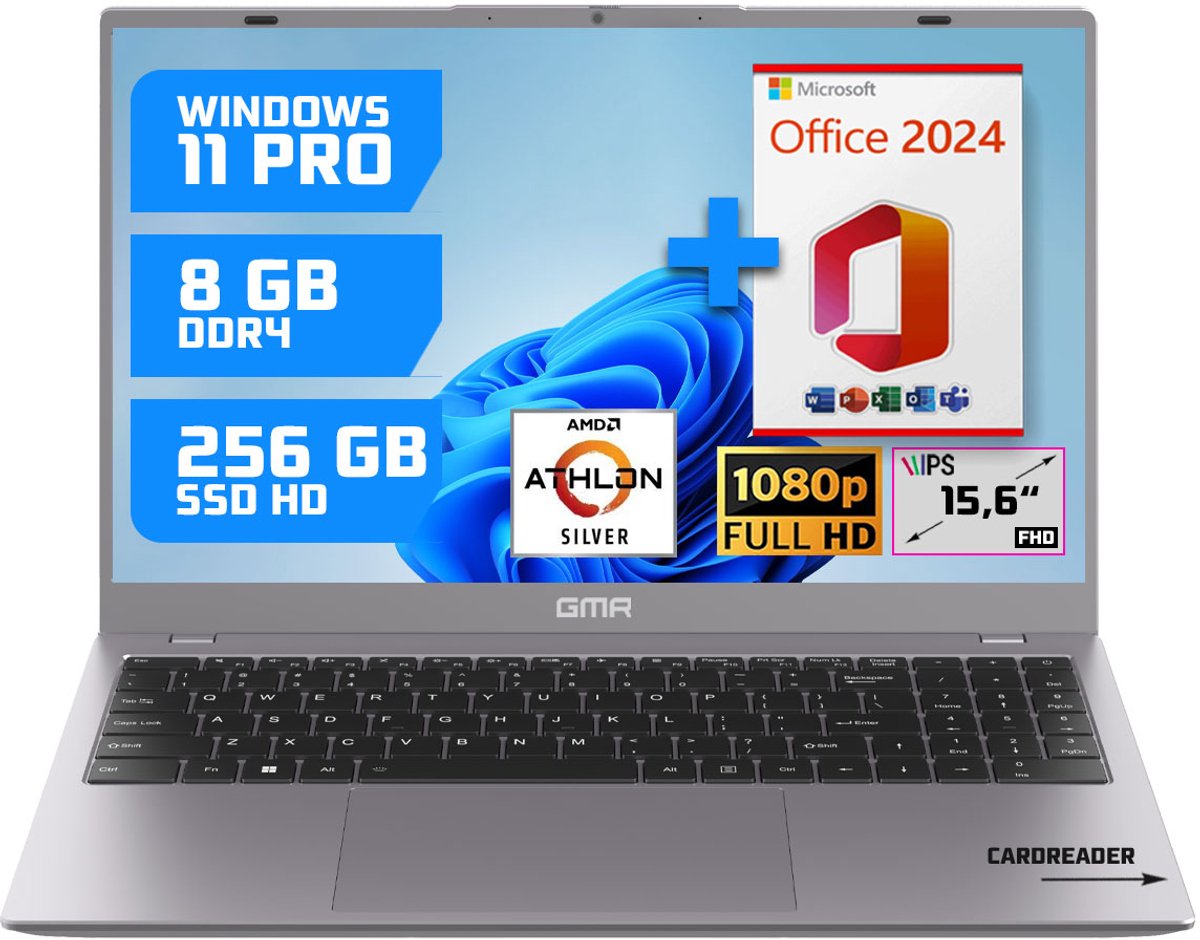 GMR 15.6" Full HD Laptop - 8GB RAM / 256GB SSD - AMD Athlon Silver - Win 11 Pro + Office 2024 - Thuis, Office & Studie