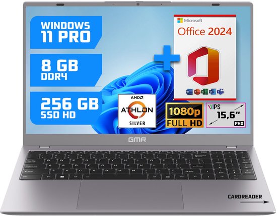GMR 15.6" Full HD Laptop - 8GB RAM / 256GB SSD - AMD Athlon Silver - Win 11 Pro + Office 2024 - Thuis, Office & Studie