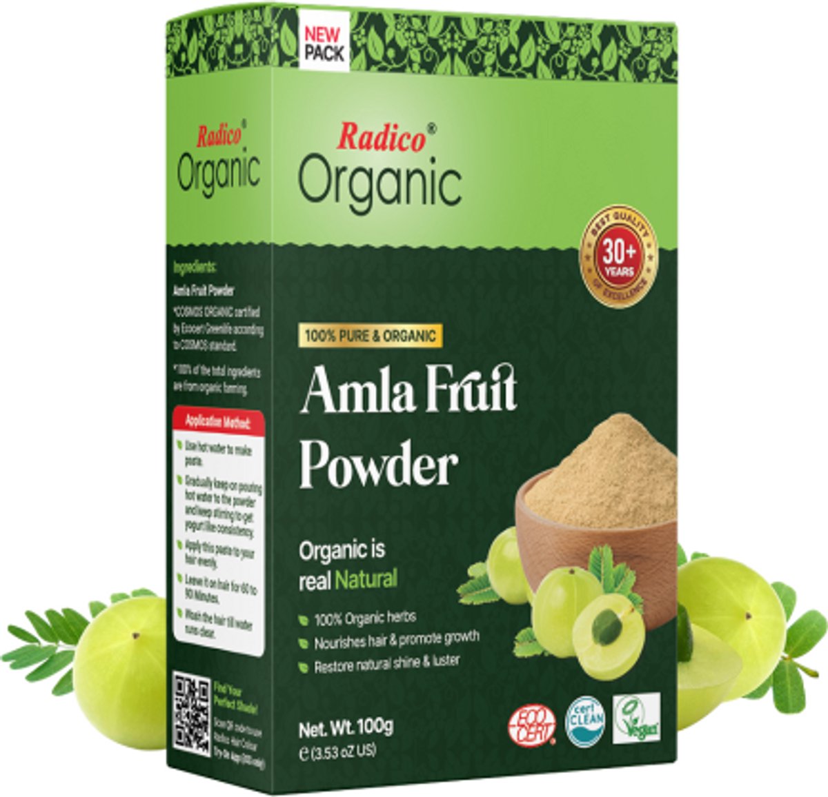 Radico ORGANIC AMLA 100% Natuurlijke BIO Organic Vegan Haargroei, Anti-Haaruitval, Anti-Vergrijzing, Care, Volume, Voedende Poeder Haarmasker en Shampoo 2 in 1 met ECOCERT 100g