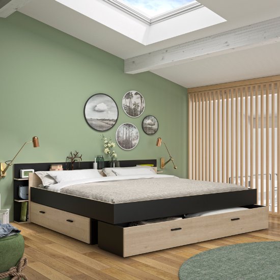Lit double Tonight - 180x200cm - avec tiroirs de rangement - décor chêne/noir - Gautier - Gami - Lits king-size - Brun|Noir - Panneaux de particules - Lits king-size