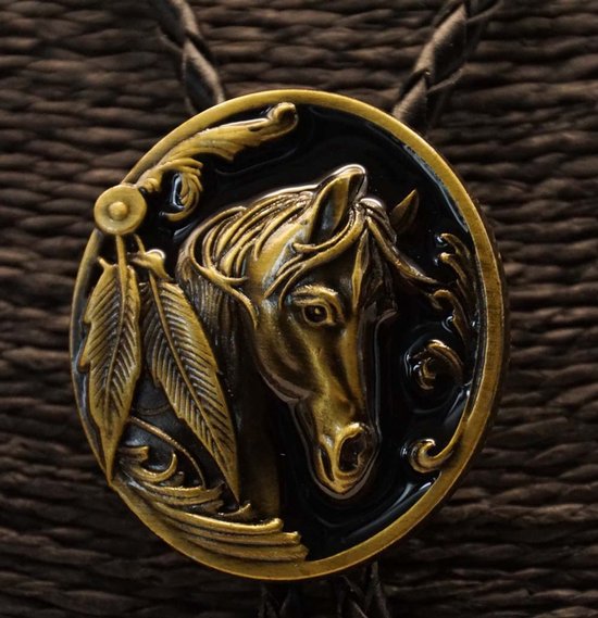 Foto: Bolo tie koperen paardenhoofd met veren op zwart schild nekveter paardenliefhebbers prachtige paarden stropdas stropdas western stijl western riding koord voor nek thema feest cowboy accessoires bruiloft stropdas eenvoudige stropdassen