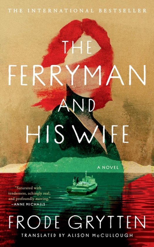 Couverture du livre 'The Ferryman and His Wife' avec une silhouette abstraite aux cheveux roux et un bateau sur l'eau.
