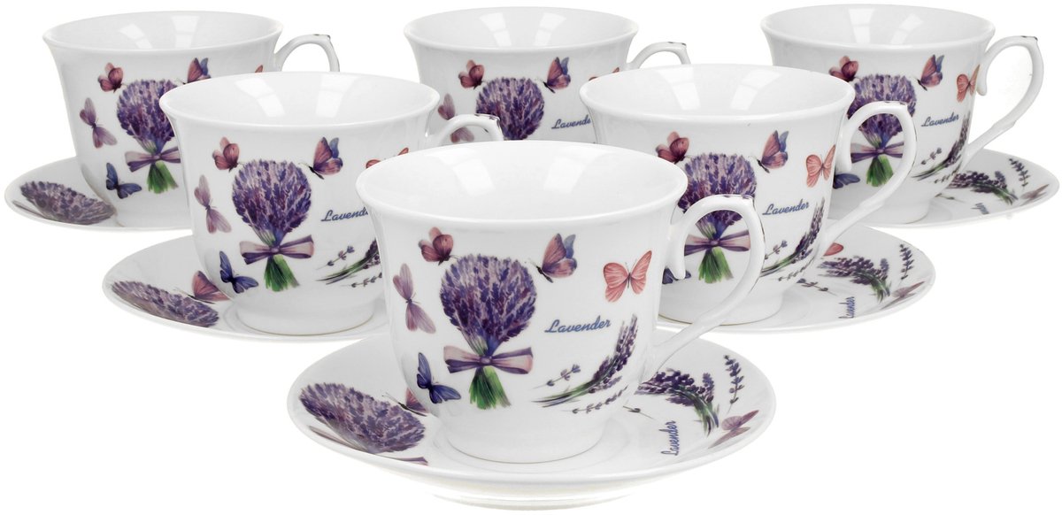 Set van 6 Porseleinen Kopjes met Schotels - 250ml - Krokus Bloemendecor