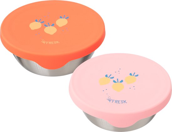Boîte à goûter Fresk pour Enfants - Lot de 2 - Boîte à goûter en acier inoxydable - Contenants compatibles lave-vaisselle - Corbeille à fruits École - Boîtes de conservation - Boîte à fruits - Rose clair - Fruits Summer