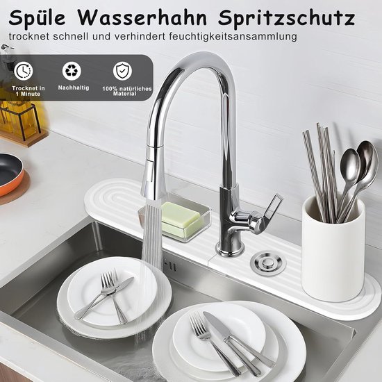 Kraanmat voor gootsteen, U-vormige diatomeeënaarde sneldrogende steen, super absorberende gootsteenbeschermer, voorkomt vochtophoping, antislip spatbescherming voor keuken, badkamer (grijs, 60 x 10 cm