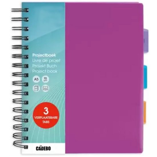 Paars projectboek A5 met drie gekleurde tabbladen en de tekst 'Projectboek'.