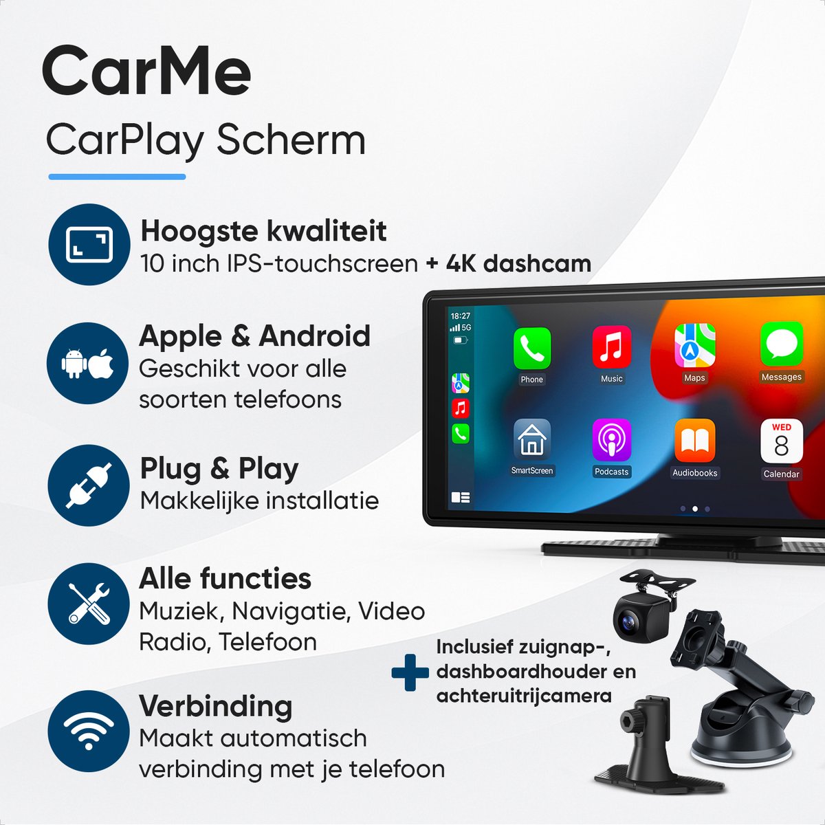 CarMe 10 Inch CarPlay Scherm Draadloos met Dashcam, Achteruitrijcamera, Apple CarPlay & Android Auto - Afbeelding 2