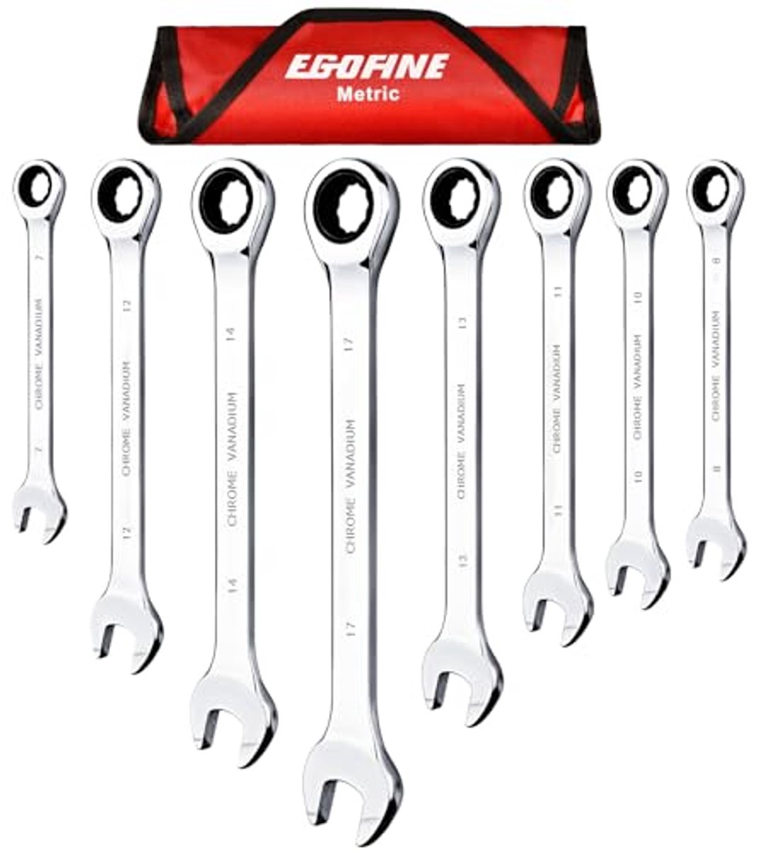 8-delige Ratchet Moerset - 7mm tot 17mm, 72 Tanden, 12-Punt Combinatiesleutel met Opbergzak