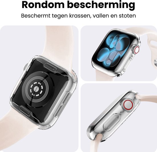 Drie afbeeldingen van een smartwatch met transparante beschermhoes, rondom bescherming.