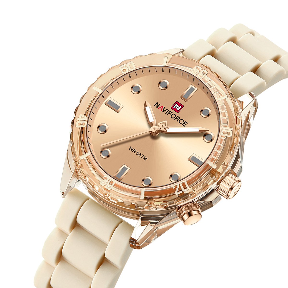 NAVIFORCE horloge met beige gefumeerde siliconen polsband, beige wijzerplaat en beige horlogekast voor dames met stijl ( model 7115 RGRG )