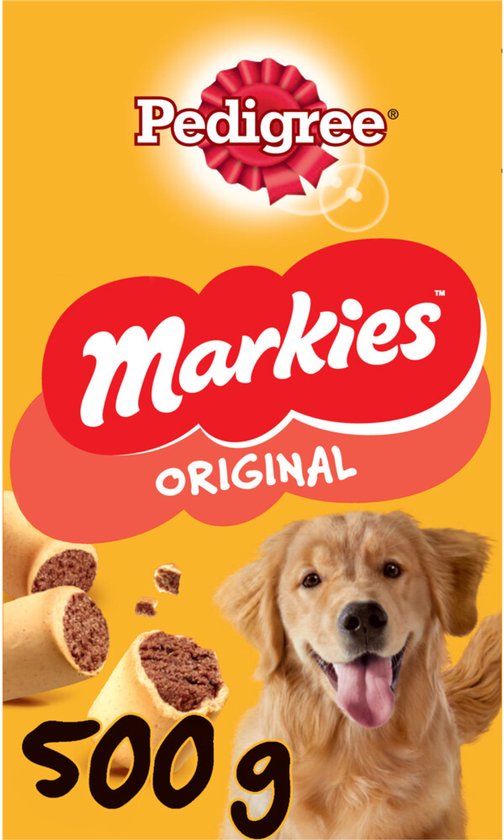 Pedigree Markies Original hondensnack, 500g, met een golden retriever.