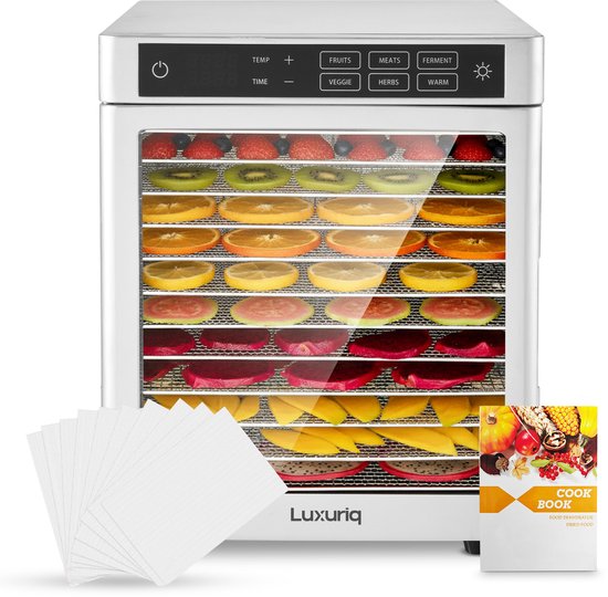 Luxuriq Voedseldroger - Dehydrator 12 laags - Droogoven - 12 siliconen matjes - 24-Uurs Timer - Voorgeprogrammeerde programma's - Led-bedieningspaneel - Gratis receptenboekje - 800 Watt