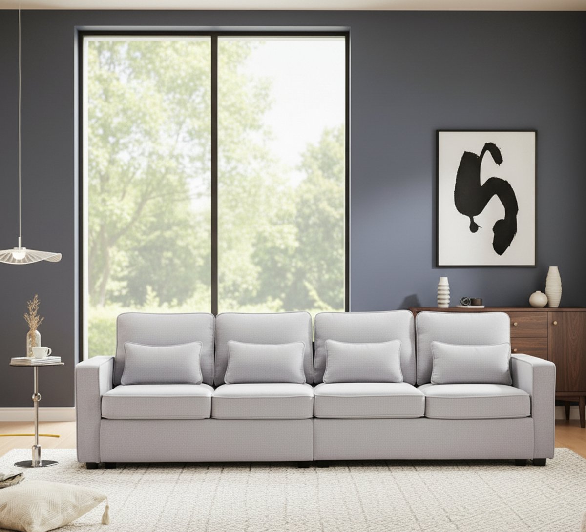 Slaapbank 4-Zits – Luxe Linnen Sofa Bed met Armleuningvakken & 4 Kussens – Ergonomische Hoge Rugleuning, Comfortabele Sponsvulling, Moderne Vierzitsbank voor Woonkamer, Appartement & Kantoor – 83D x 264B x 87H cm – Grijs – Medahomestore