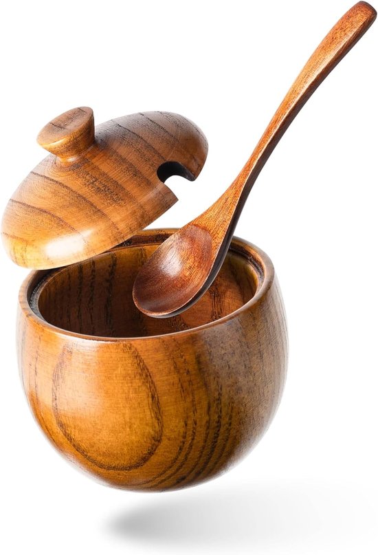 Zoutcontainer van jujubehout - Zoutvat voor op het aanrecht met deksel en lepel - Unieke zoutdoos met een inhoud van 170 gram - Elegante keukenopslag - Houten kom van 8,5 x 9 cm