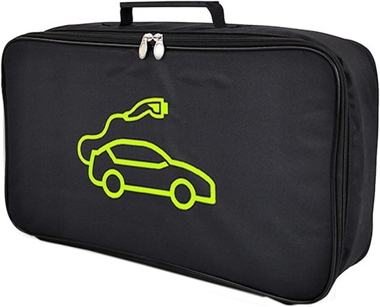 Zwarte tas met een groene lijntekening van een elektrische auto met stekker en laadkabel.