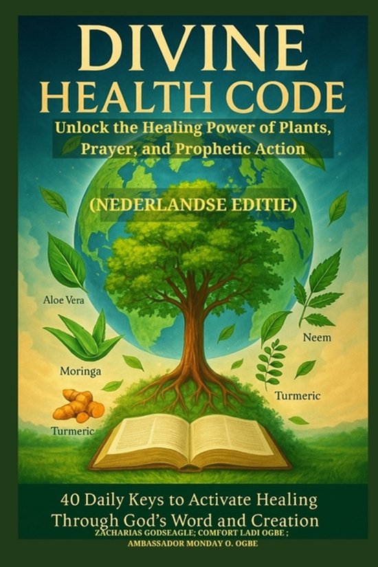 Boekomslag 'Divine Health Code' (Nederlandse editie). Een boom op aarde met geneeskrachtige planten zoals aloë vera, moringa, kurkuma en neem. Een open boek ligt aan de voet.