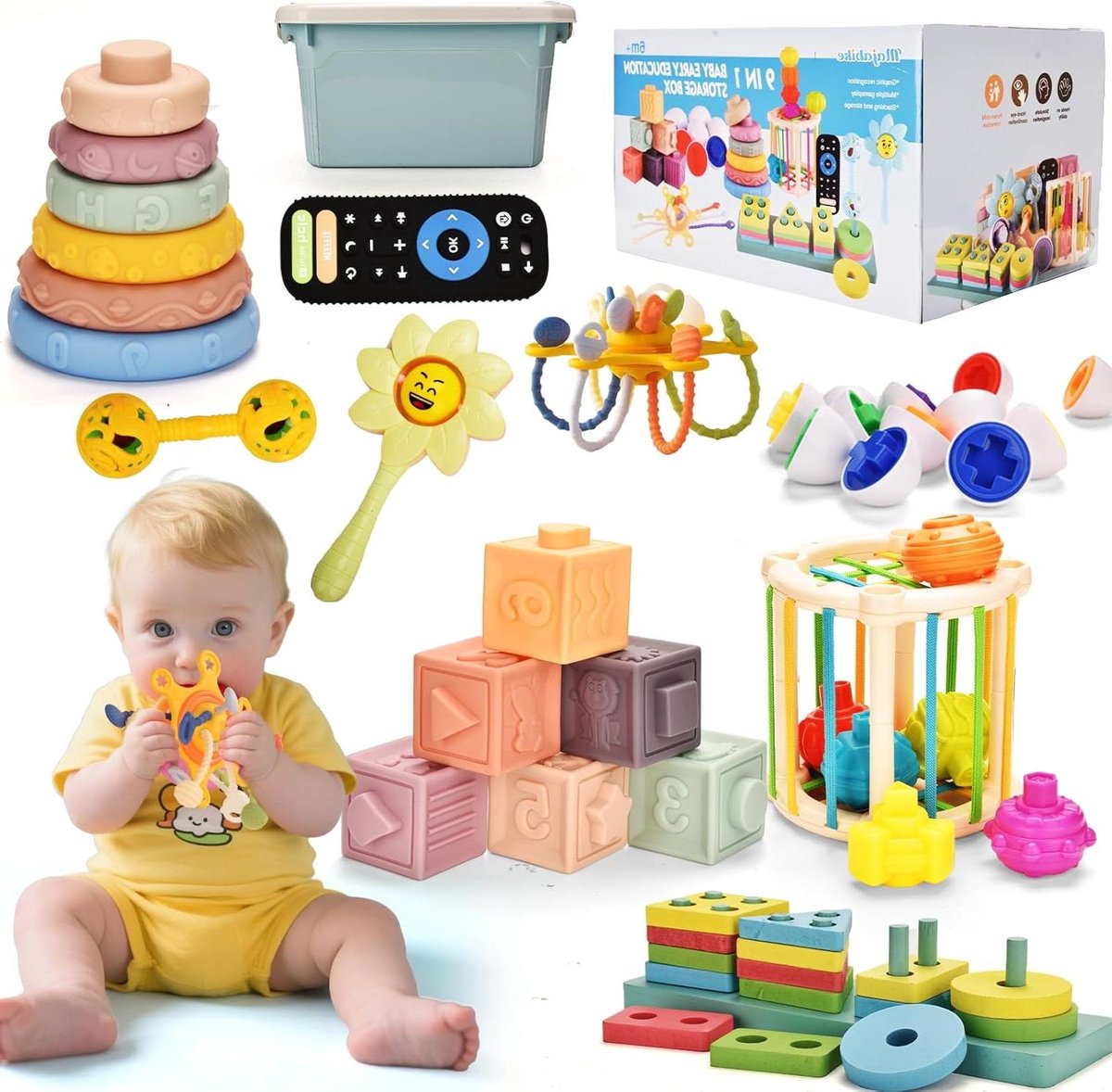 Provento - Montessori babyspeelgoed met 9-in-1 stapelspeelgoed voor sensorische en motorische ontwikkeling, voedselveilige siliconen bouwstenen, educatief speelgoed 6-12 maanden.
