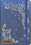 Blauw 16-maanden agenda 2027 met gouden bloemen- en vlinderdecoratie en een elastische sluiting.