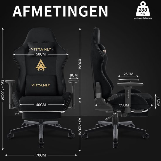 Zwarte gamerstoel met afmetingen, maximale belasting 200kg.