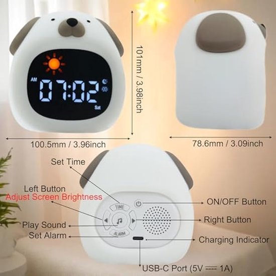 Kinderwekker nachtlampje, 9 lichtkleuren en 6 witte ruisstanden, digitale slaaptrainingsklok met instelbare helderheid en geluid, cadeau voor jongens en meisjes - Puppy — afbeelding 5